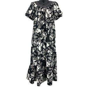 Liberty House Vintage Women Medium Petite Dress Floral Muumuu Black Lace Polka D